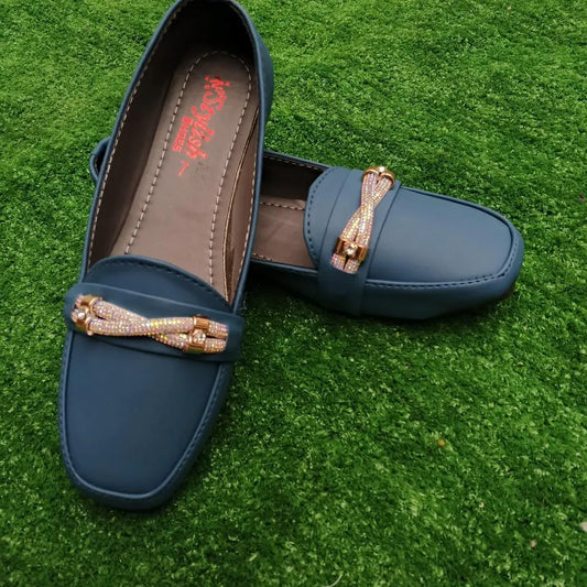 Blue Women's Synthetic Leather Loafers with Sparkly Buckle