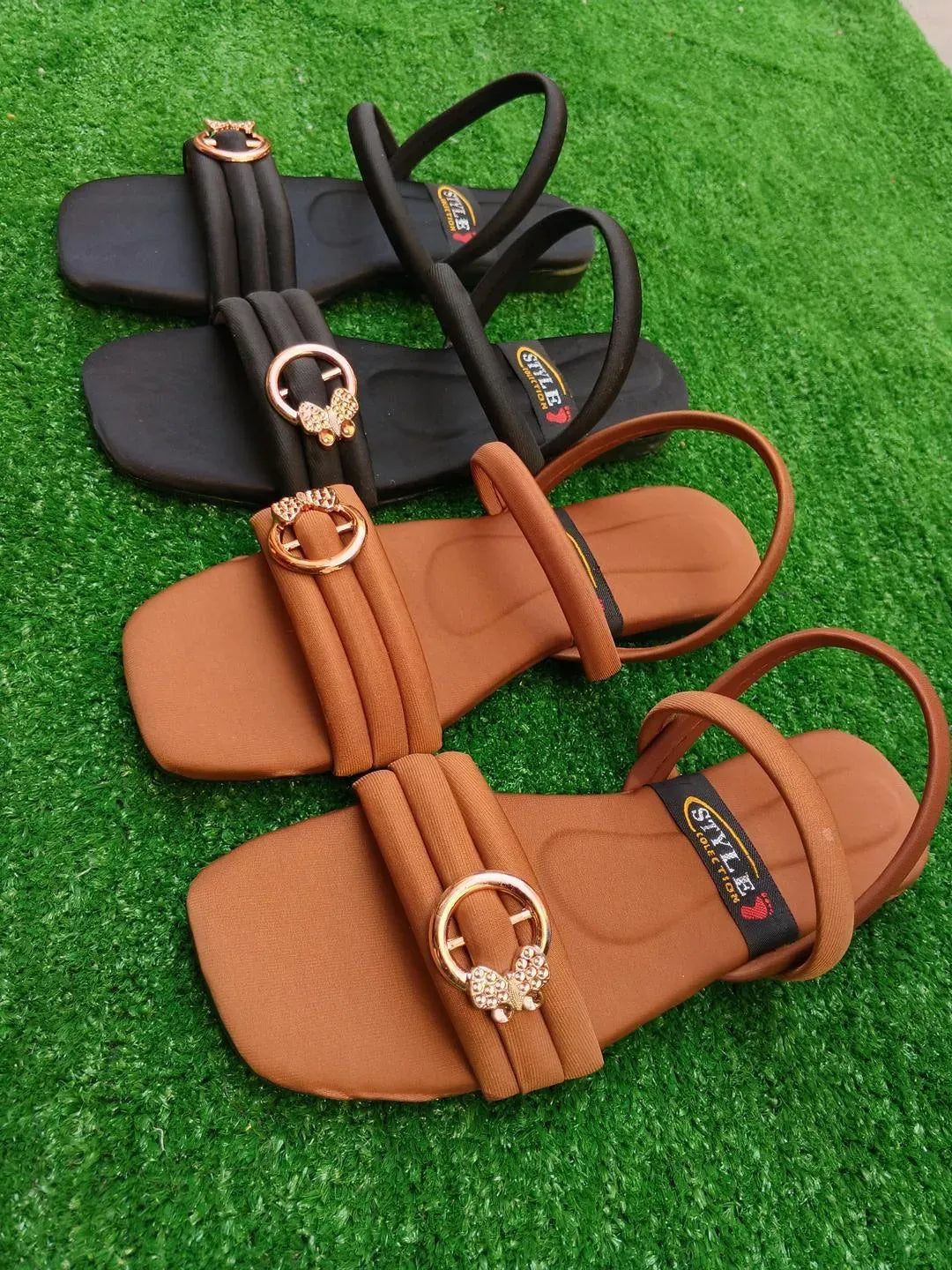 Women's Black Gold Plated Flat Sandals