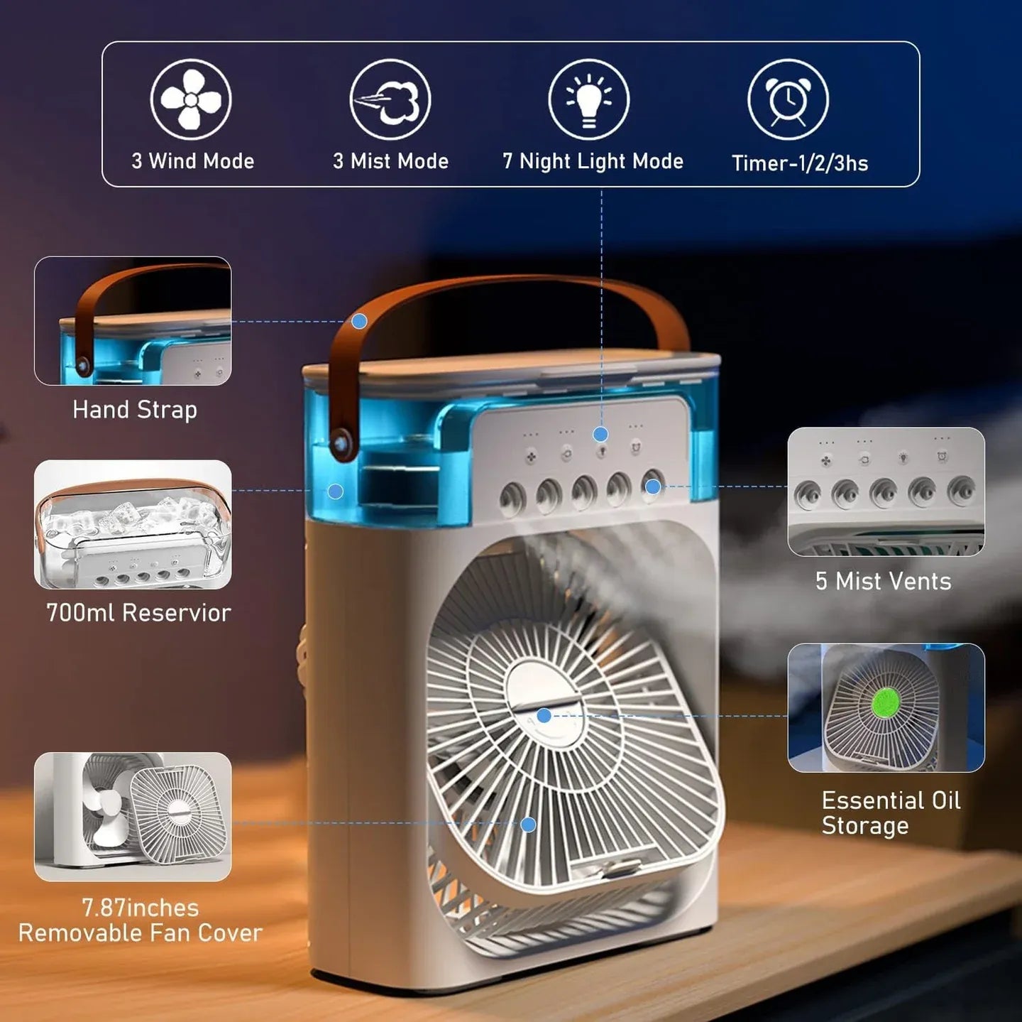 3-in-1 Portable Mini Air Cooler Fan with Humidifier & LED Light