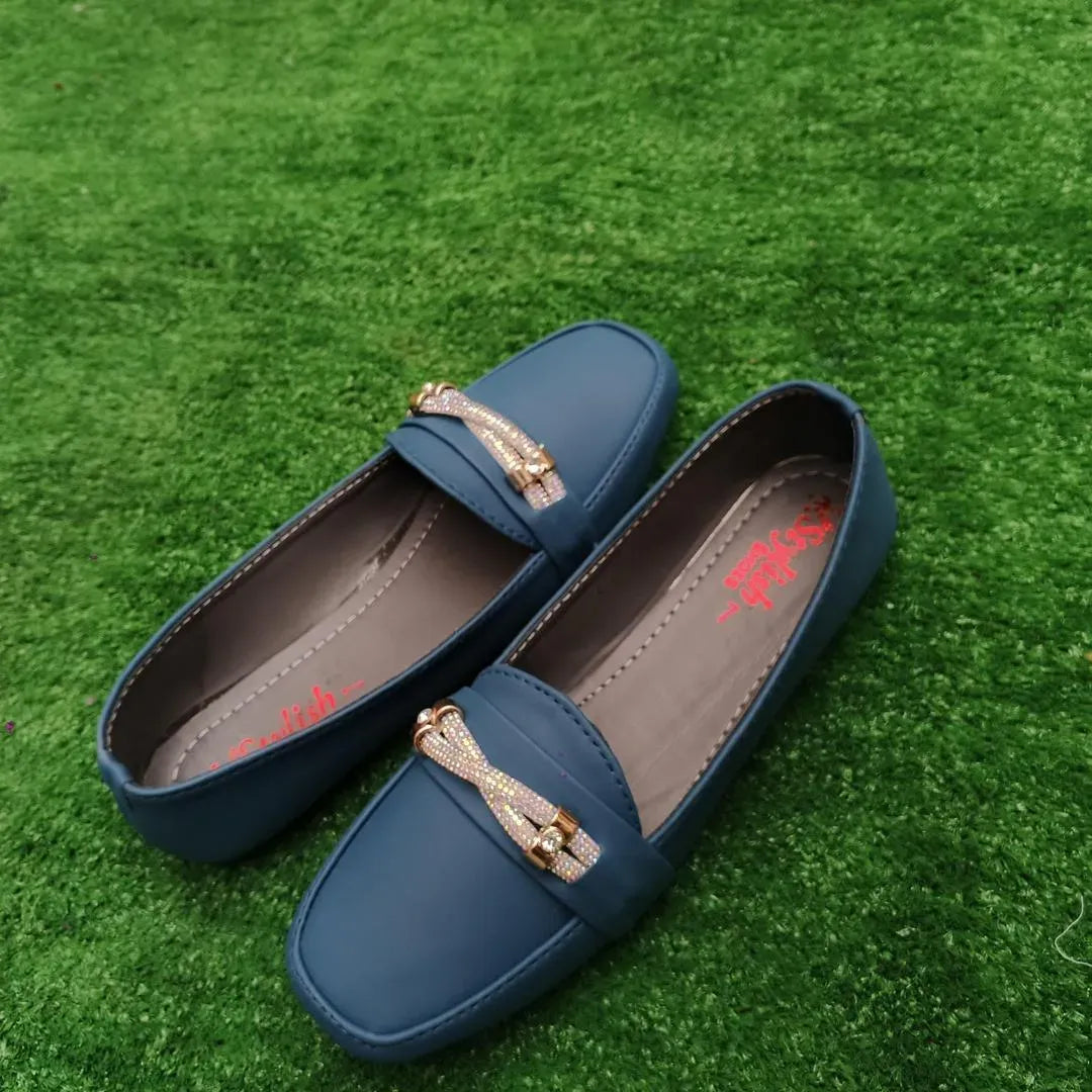 Blue Women's Synthetic Leather Loafers with Sparkly Buckle