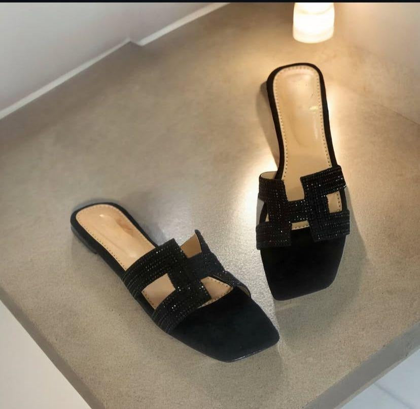 Women's Black Suede Square Toe Flat Slippers Casual Office Wear