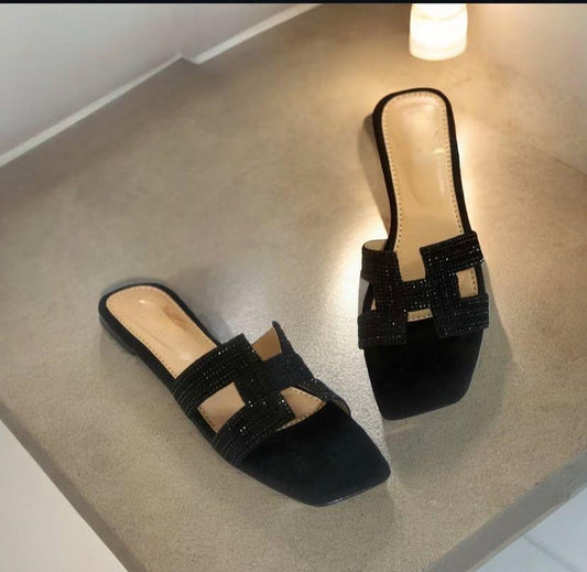 Women's Black Suede Square Toe Flat Slippers Casual Office Wear