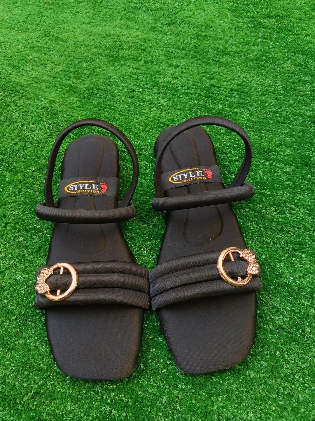 Women's Black Gold Plated Flat Sandals