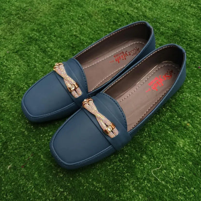 Blue Women's Synthetic Leather Loafers with Sparkly Buckle