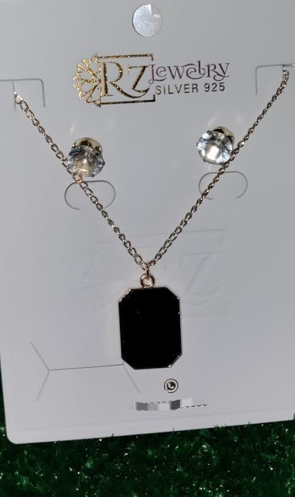 Black Stone Pendant Set with Gold Chain & Earrings