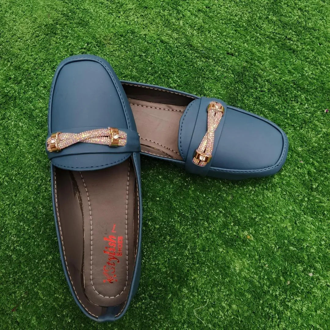 Blue Women's Synthetic Leather Loafers with Sparkly Buckle