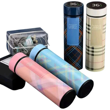 Products LED Temperature Display Water Bottle | Checkered Design | Smart Stainless Steel Vacuum 500ml Flask | Random Color