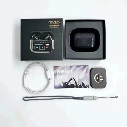 Black A9 Pro ANC Bluetooth 5.4 Wireless Earbuds with Smart Screen and Active Noise Cancellation