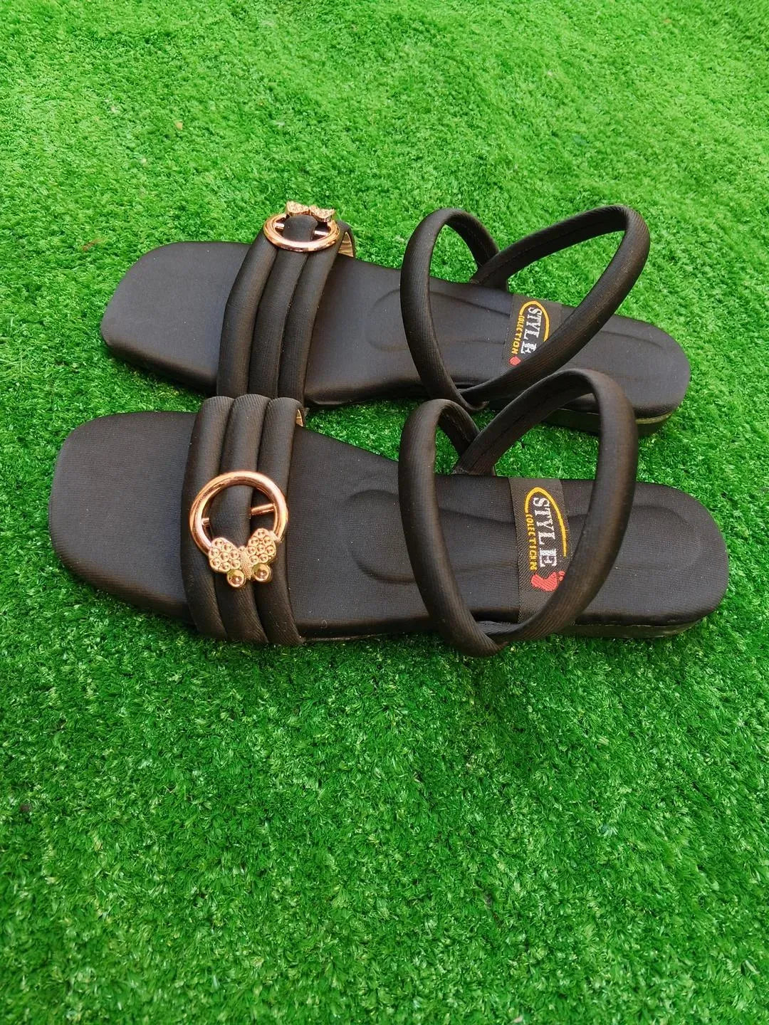 Women's Black Gold Plated Flat Sandals