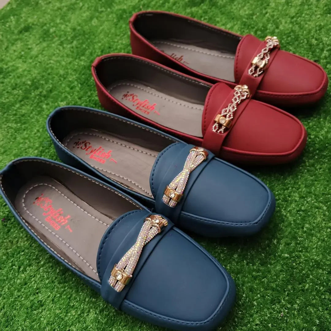 Blue Women's Synthetic Leather Loafers with Sparkly Buckle