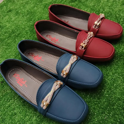 Blue Women's Synthetic Leather Loafers with Sparkly Buckle
