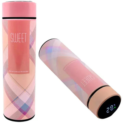 Products LED Temperature Display Water Bottle | Checkered Design | Smart Stainless Steel Vacuum 500ml Flask | Random Color